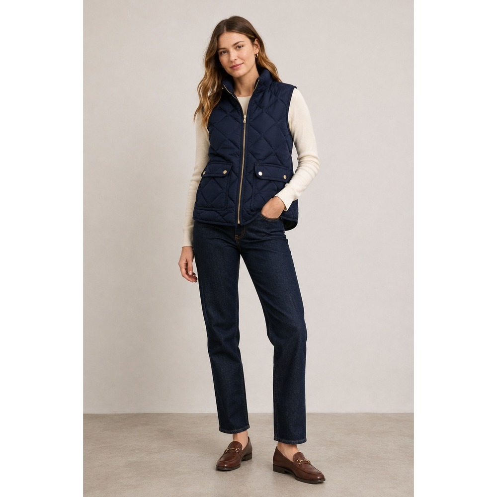 J. Crew Excursion Goose Down Quilted Navy Blue Vest Jacket Zip Sleeveless #02725